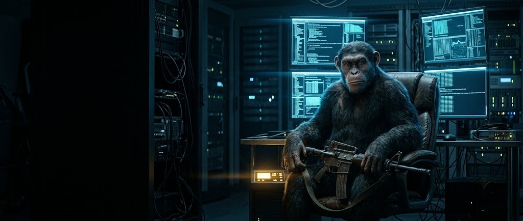 Illustrative render of a chimpanzee seated in a server room holding a rifle, surrounded by data screens — visual metaphor for AI without judgment